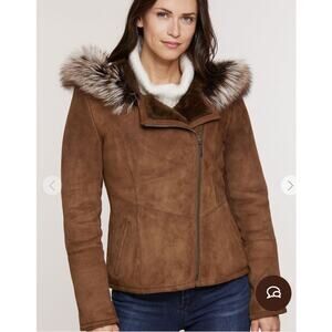 Overland Elle Hooded Shearling Sheepskin Jacket W Fox Fur Trim Xxs